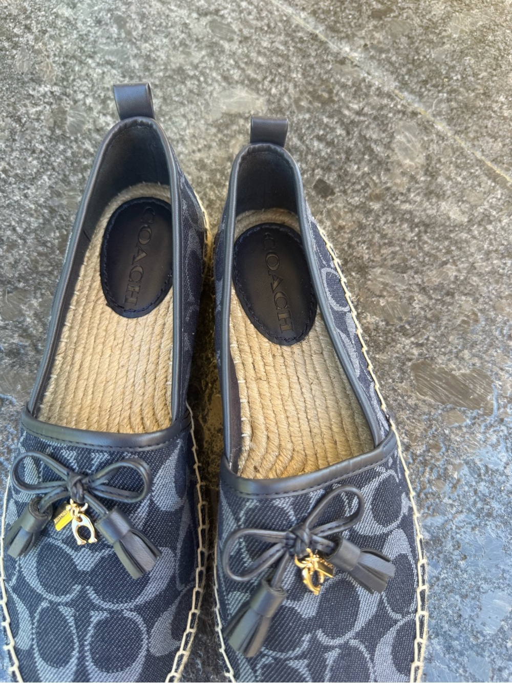 Coach Navy Signature Canvas Espadrille Flats with Gold Charm sz 8B - Picture 2 of 7